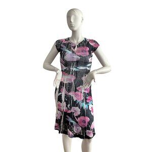 Komarov Dress Charmeuse & Lace Floral Short Sleeve Dress M